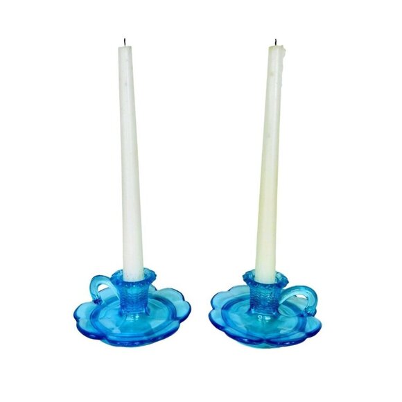 Vintage Turquoise Blue Scalloped Finger Loop Tabletop Tapered Candle Holders